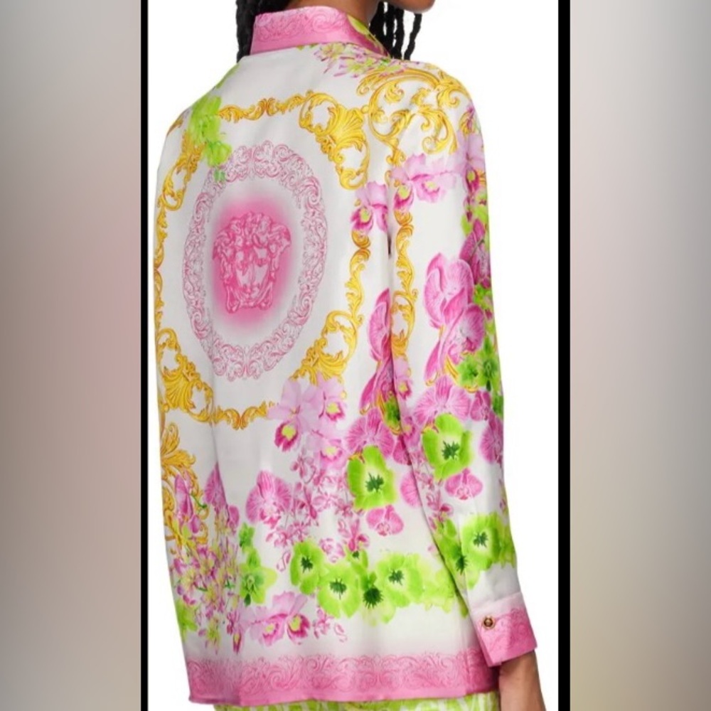 Versace Floral Print Scarf with Pink and Green Shirt NWT SZ44